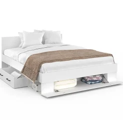 Lit double MINEA avec tiroirs + niches de rangement + tête de lit et sommier 140 x 190 cm blanc><noscript><img width=