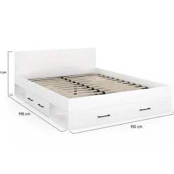 Lit double MINEA avec tiroirs + niches de rangement + tête de lit et sommier 140 x 190 cm blanc><noscript><img width=