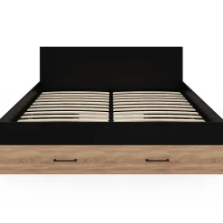 IDMarket Lit double MINEA avec tiroirs + niches de rangement + tête de lit et sommier 140 x 190 cm façon hêtre et noir* Lit Avec Rangement