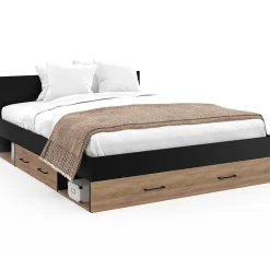 IDMarket Lit double MINEA avec tiroirs + niches de rangement + tête de lit et sommier 140 x 190 cm façon hêtre et noir* Lit Avec Rangement