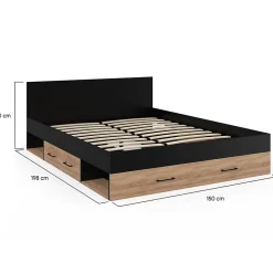 IDMarket Lit double MINEA avec tiroirs + niches de rangement + tête de lit et sommier 140 x 190 cm façon hêtre et noir* Lit Avec Rangement