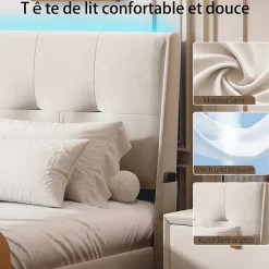 Lit double moderne 160x200 cm, tête de lit rembourrée, LED intégrées, rangement sous sommier, design minimaliste, beige.><noscript><img width=