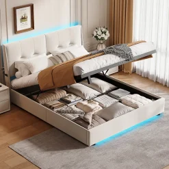 Lit double moderne 160x200 cm, tête de lit rembourrée, LED intégrées, rangement sous sommier, design minimaliste, beige.><noscript><img width=