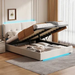 Lit double moderne 160x200 cm, tête de lit rembourrée, LED intégrées, rangement sous sommier, design minimaliste, beige.><noscript><img width=