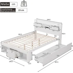 Lit Double Multifonction 140x190 cm, Lit Ado avec USB, Tiroirs et Armoire de Rangement, en Bois Pin, Blanc, Sans Matelas><noscript><img width=