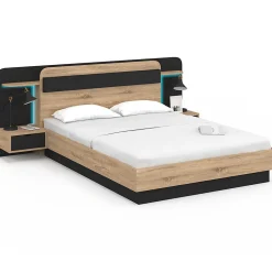 Lit double NATHAN 140 x 190 cm avec tête de lit, chevets suspendus, étagère, LED et sommier bois et noir>IDMarket Outlet