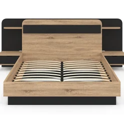 Lit double NATHAN 140 x 190 cm avec tête de lit, chevets suspendus, étagère, LED et sommier bois et noir><noscript><img width=