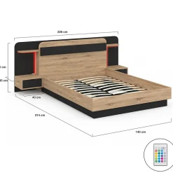 Lit double NATHAN 140 x 190 cm avec tête de lit, chevets suspendus, étagère, LED et sommier bois et noir><noscript><img width=