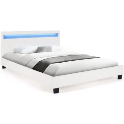 Lit double NEO avec tête de lit LED intégrées et sommier 140 x 190 cm PVC blanc>IDMarket Best