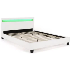 Lit double NEO avec tête de lit LED intégrées et sommier 140 x 190 cm PVC blanc><noscript><img width=