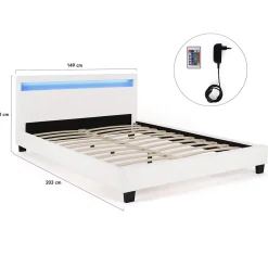 Lit double NEO avec tête de lit LED intégrées et sommier 140 x 190 cm PVC blanc><noscript><img width=