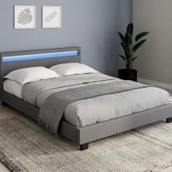 IDMarket Lit double NEO avec tête de lit LED intégrées et sommier 140 x 190 cm PVC gris* Lit Avec Rangement