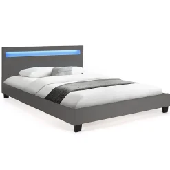 IDMarket Lit double NEO avec tête de lit LED intégrées et sommier 140 x 190 cm PVC gris* Lit Avec Rangement