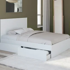 Lit double OMAHA 4 tiroirs sur roulettes avec tête de lit et sommier 140 x 190 cm blanc>IDMarket Outlet