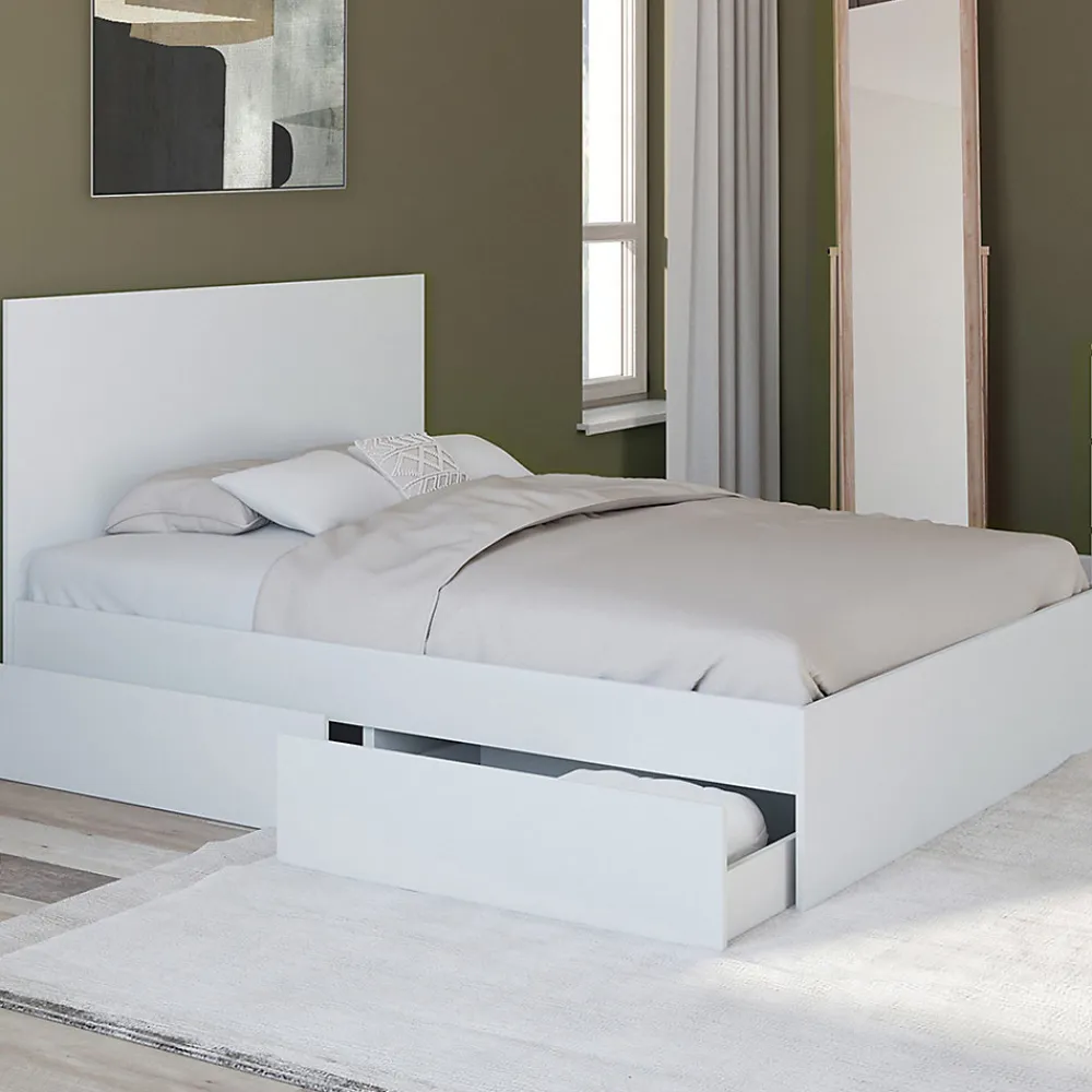 Lit double OMAHA 4 tiroirs sur roulettes avec tête de lit et sommier 140 x 190 cm blanc>IDMarket Outlet