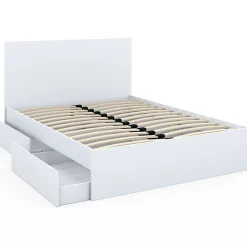 Lit double OMAHA 4 tiroirs sur roulettes avec tête de lit et sommier 140 x 190 cm blanc><noscript><img width=