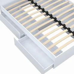 Lit double OMAHA 4 tiroirs sur roulettes avec tête de lit et sommier 140 x 190 cm blanc><noscript><img width=