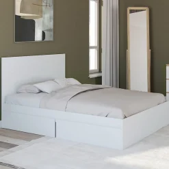 Lit double OMAHA 4 tiroirs sur roulettes avec tête de lit et sommier 140 x 190 cm blanc><noscript><img width=