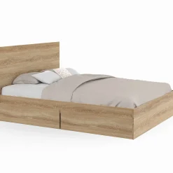 Lit double OMAHA 4 tiroirs sur roulettes avec tête de lit et sommier 140 x 190 cm façon hêtre>IDMarket Clearance