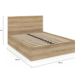 Lit double OMAHA 4 tiroirs sur roulettes avec tête de lit et sommier 140 x 190 cm façon hêtre><noscript><img width=