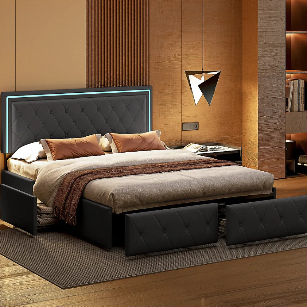 Lit double pour adultes, 140 x 200 cm, 4 tiroirs, rembourré, avec éclairage LED, sommier à lattes,Polyuréthanegris.>Simple Life Sale