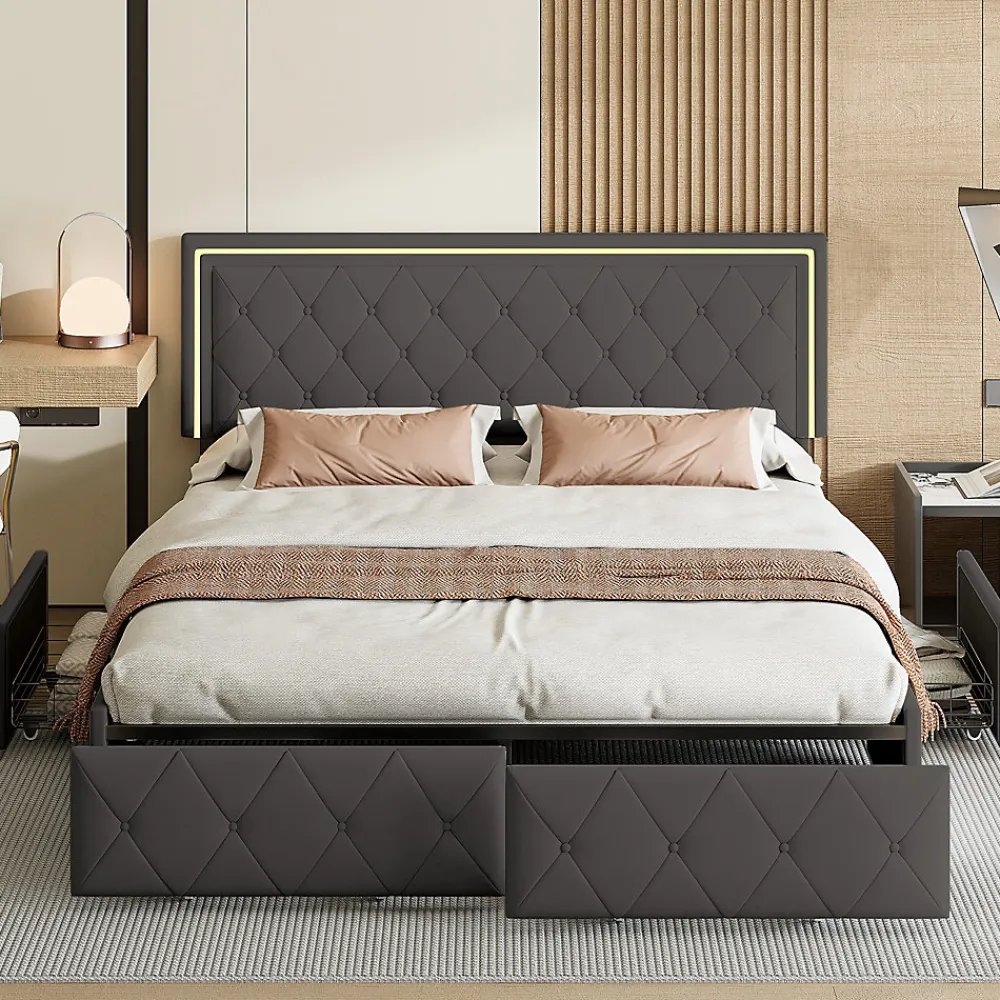 Lit double pour adultes, 140 x 200 cm, 4 tiroirs, rembourré, avec éclairage LED, sommier à lattes,Polyuréthanegris.>Simple Life Sale