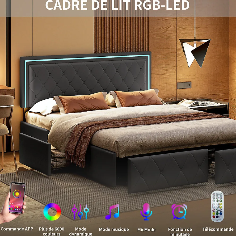 Lit double pour adultes, 140 x 200 cm, 4 tiroirs, rembourré, avec éclairage LED, sommier à lattes,Polyuréthanegris.>Simple Life Sale