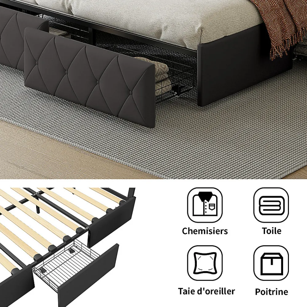 Lit double pour adultes, 140 x 200 cm, 4 tiroirs, rembourré, avec éclairage LED, sommier à lattes,Polyuréthanegris.>Simple Life Sale
