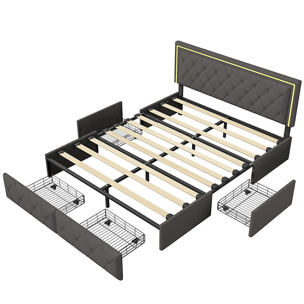 Lit double pour adultes, 140 x 200 cm, 4 tiroirs, rembourré, avec éclairage LED, sommier à lattes,Polyuréthanegris.>Simple Life Sale