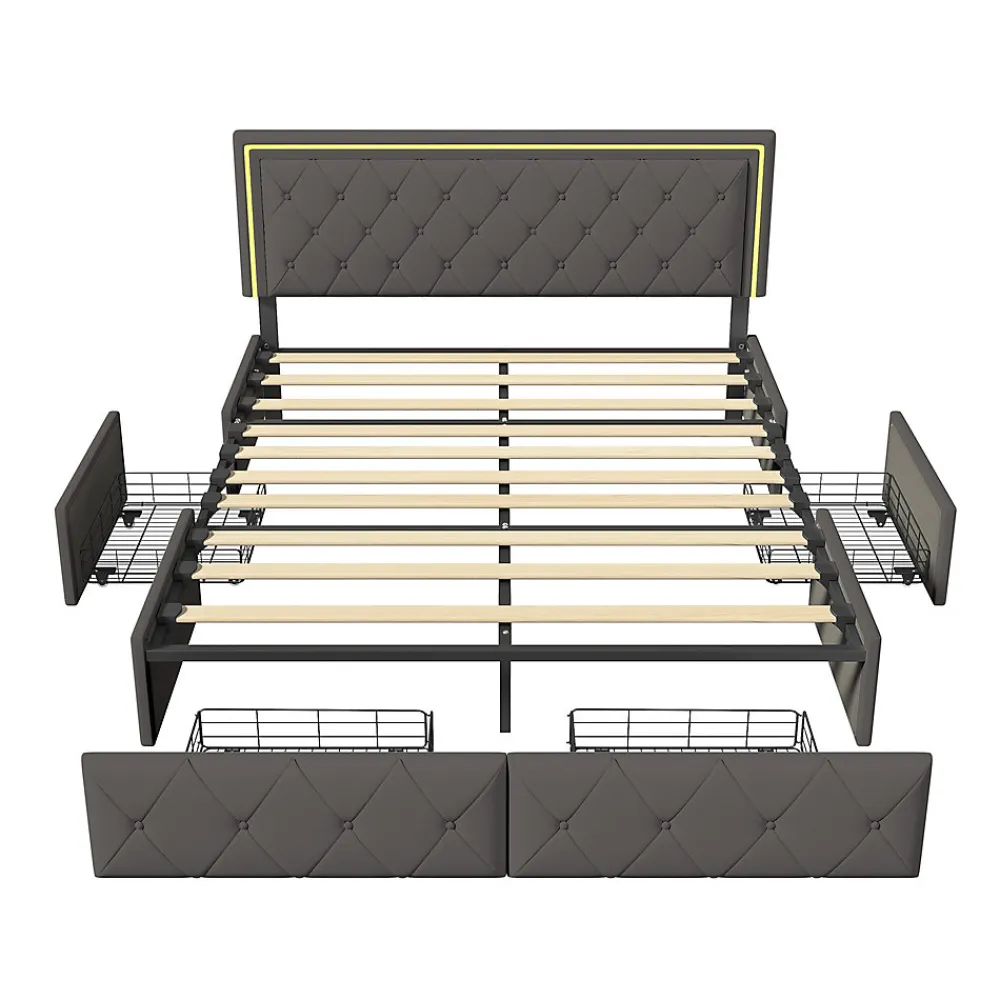Lit double pour adultes, 140 x 200 cm, 4 tiroirs, rembourré, avec éclairage LED, sommier à lattes,Polyuréthanegris.>Simple Life Sale