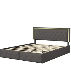 Lit double pour adultes, 140 x 200 cm, 4 tiroirs, rembourré, avec éclairage LED, sommier à lattes,Polyuréthanegris.><noscript><img width=