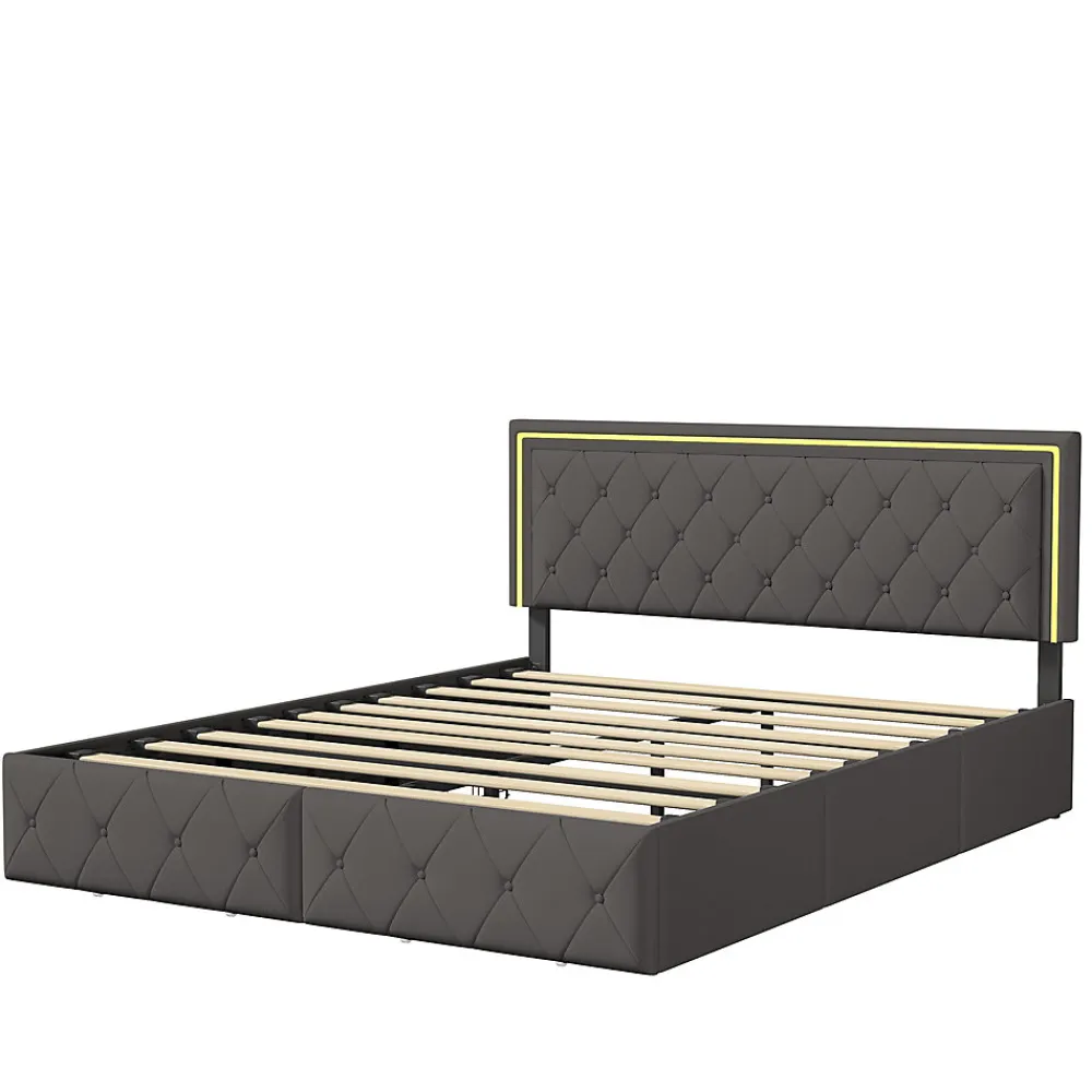 Lit double pour adultes, 140 x 200 cm, 4 tiroirs, rembourré, avec éclairage LED, sommier à lattes,Polyuréthanegris.>Simple Life Sale