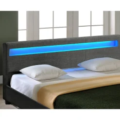 Lit Double Rembourré à LED Sommier à Lattes Polyester 140 x 200 cm Gris Foncé><noscript><img width=