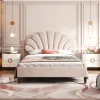 Lit double rembourré 140 sur 200 cm cadre avec tête de lit fleurie en velours doux lit adulte invité beige>Redom Hot
