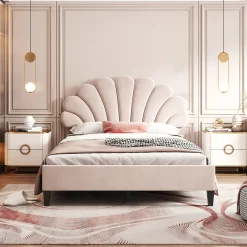 Lit double rembourré 140 sur 200 cm cadre avec tête de lit fleurie en velours doux lit adulte invité beige>Redom Hot
