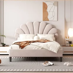 Lit double rembourré 140 sur 200 cm cadre avec tête de lit fleurie en velours doux lit adulte invité beige><noscript><img width=