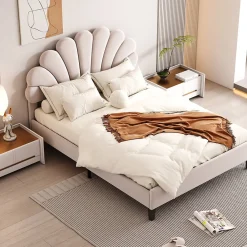 Lit double rembourré 140 sur 200 cm cadre avec tête de lit fleurie en velours doux lit adulte invité beige><noscript><img width=
