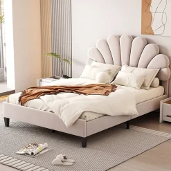 Lit double rembourré 140 sur 200 cm cadre avec tête de lit fleurie en velours doux lit adulte invité beige><noscript><img width=
