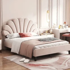 Lit double rembourré 140 sur 200 cm cadre avec tête de lit fleurie en velours doux lit adulte invité beige><noscript><img width=
