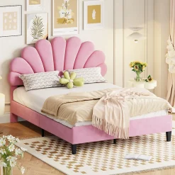 Redom Lit double rembourré 140 sur 200 cm cadre avec tête de lit fleurie en velours doux lit adulte invité rose* Lit Double