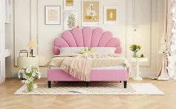 Redom Lit double rembourré 140 sur 200 cm cadre avec tête de lit fleurie en velours doux lit adulte invité rose* Lit Double