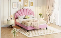 Redom Lit double rembourré 140 sur 200 cm cadre avec tête de lit fleurie en velours doux lit adulte invité rose* Lit Double