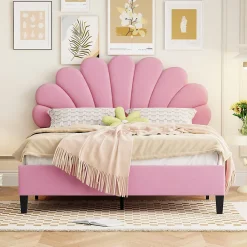 Redom Lit double rembourré 140 sur 200 cm cadre avec tête de lit fleurie en velours doux lit adulte invité rose* Lit Double