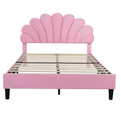 Redom Lit double rembourré 140 sur 200 cm cadre avec tête de lit fleurie en velours doux lit adulte invité rose* Lit Double