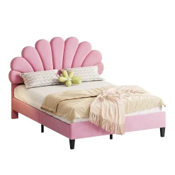 Redom Lit double rembourré 140 sur 200 cm cadre avec tête de lit fleurie en velours doux lit adulte invité rose* Lit Double