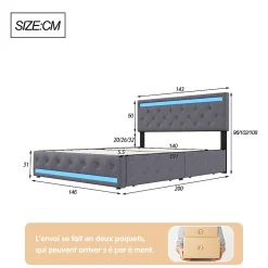 Fortuna lai Lit Double Rembourré 140 X 190 Cm Avec 4 Tiroirs Et Sommier à Lattes En Bois Avec USB Et LED, Gris* Lit Coffre