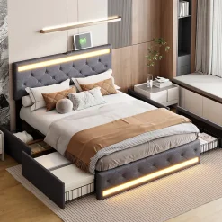 Fortuna lai Lit Double Rembourré 140 X 190 Cm Avec 4 Tiroirs Et Sommier à Lattes En Bois Avec USB Et LED, Gris* Lit Coffre