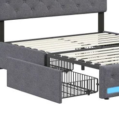 Fortuna lai Lit Double Rembourré 140 X 190 Cm Avec 4 Tiroirs Et Sommier à Lattes En Bois Avec USB Et LED, Gris* Lit Coffre