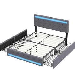 Fortuna lai Lit Double Rembourré 140 X 190 Cm Avec 4 Tiroirs Et Sommier à Lattes En Bois Avec USB Et LED, Gris* Lit Coffre