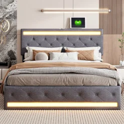 Fortuna lai Lit Double Rembourré 140 X 190 Cm Avec 4 Tiroirs Et Sommier à Lattes En Bois Avec USB Et LED, Gris* Lit Coffre